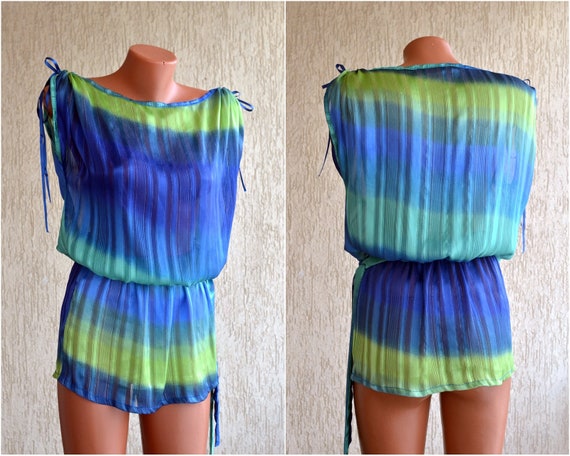 Sheer Tunic Neon Vintage Top size M Lace Blue Sle… - image 1