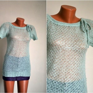 Mohair Knit Top size S M 34 36 Green Short Sleeve Sweater Crochet Long Pull Women Fishnet Tunic