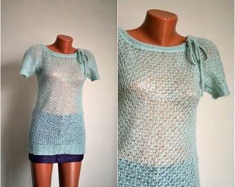 Mohair Knit Top size S M 34 36 Green Short Sleeve Sweater Crochet Long Pull Women Fishnet Tunic