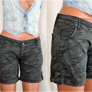 High Waist DENIM Army Shorts Vintage Green Print Women Pants, size M L 36 40 Girl Summer Casual Cotton Camouflage Shorts
