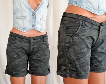 High Waist DENIM Army Shorts Vintage Green Print Women Pants, size M L 36 40 Girl Summer Casual Cotton Camouflage Shorts