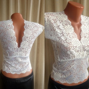 Blanco SEXY encaje Bralette boda blusa talla S M L 38 40 UE sin espalda mujer Slip Top sin mangas ropa interior romántica