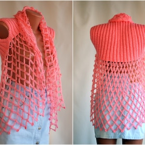 Women Wrap Vintage Cardigan Vest Tippet OVERSIZE М L HiPP Fishnet Crochet Pink Knit Top