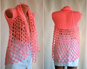 Women Wrap Vintage Cardigan Vest Tippet OVERSIZE М L HiPP Fishnet Crochet Pink Knit Top