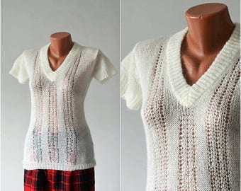 White MOHAIR Top size S M 34 36 Vintage Crochet Sweater Women Short Sleeve Pullover Fishnet Kitted Tunic