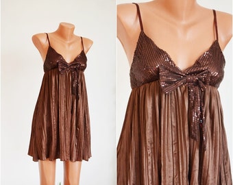 Satin Sequined Dress Romantic Brown Tank size S M Summer Pregnancy Pleated Vintage Satin Silk Tunic