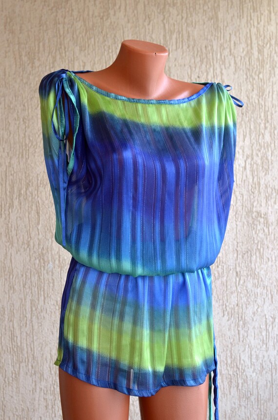 Sheer Tunic Neon Vintage Top size M Lace Blue Sle… - image 3
