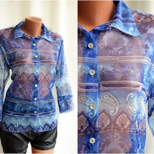 Blue Lace Sheer collar Shirt L XL Women Transparent Top Button Long Sleeve Elegant Waisted Vintage Mesh Blouse size 42 44