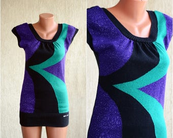 DKNY Cotton Lame Tunic S-M 80s Disco Short Dress Black Vintage Colourful LAME DKNY Sweater size 32-34