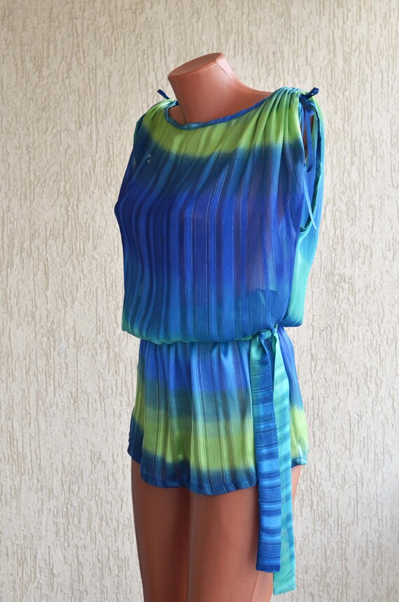 Sheer Tunic Neon Vintage Top size M Lace Blue Sle… - image 5