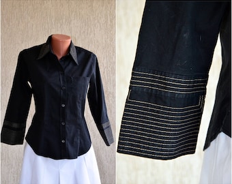 Black Embroidery COTTON Blouse size M 38 EU Button Vintage Golden Embroidery Long Sleeve Women Shirt Casual Collar Top