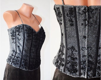 Vintage Sexy BEADED Boning Bustier with Embroidery Black Classic Corset size L XL