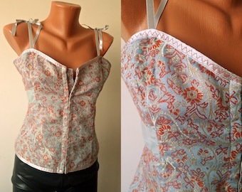 Embroidered Elegant Top SATIN Bustier size M L 38 40 EU Grey Red Floral Vest Ethno Sleeveless Satin Silk Sexy Strap Top
