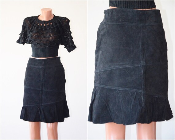 Black Suede L Skirt LEATHER 40 42 Vintage Genuine