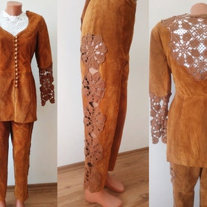 Size L XL Brown Suede Leather Set Leather Jacket and Pants Boho Style Crochet Applique Leather Costume Large Size Genuine Leather Set