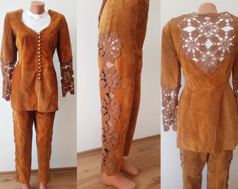 Size L XL Brown Suede Leather Set Leather Jacket and Pants Boho Style Crochet Applique Leather Costume Large Size Genuine Leather Set