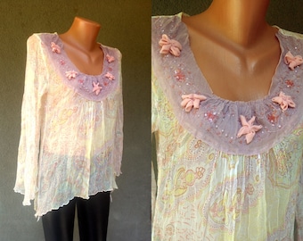 Sheer Floral Organza Beaded Top Tunic size M 36 38 Lace Print Top Sleeve Long Wrap BLOUSE