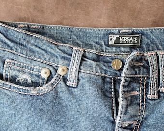 VERSACE 7/8 Pants size S M 34 36 US 26 Denim Embroidery High Waist Blue Summer Cotton Jean Capris Versace Women Girl Pants