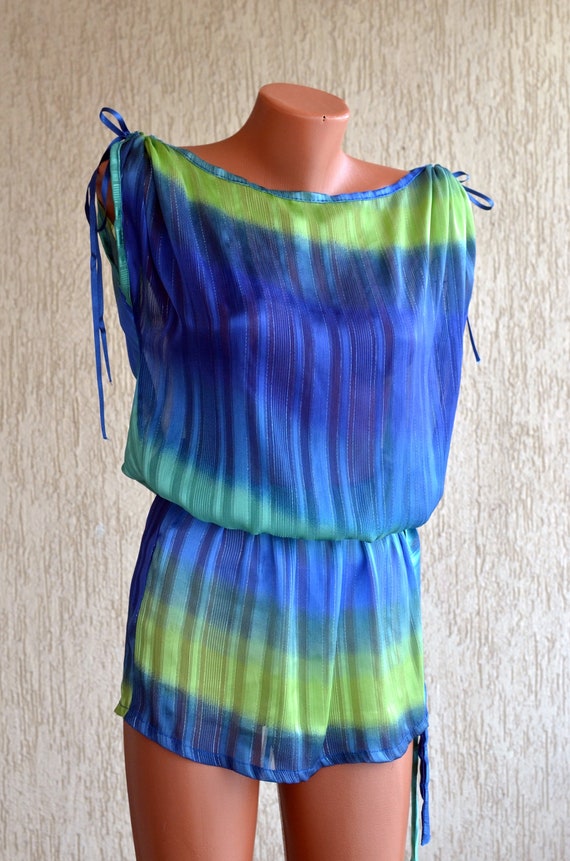 Sheer Tunic Neon Vintage Top size M Lace Blue Sle… - image 4