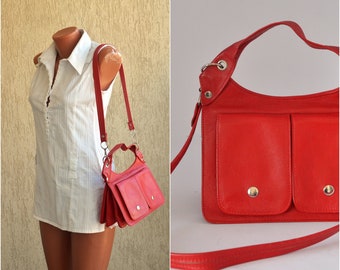 Red Leather Vintage Women Handbag Classic Leather Purse Retro Leather Clutch Small bag 70s Mod Purse