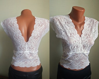 Sleeveless Sexy Lace Backless Top ELASTIC White Wedding Vintage Floral Women Sexy Stretch Blouse size M 34 36 Tube Romantic Girl Wear