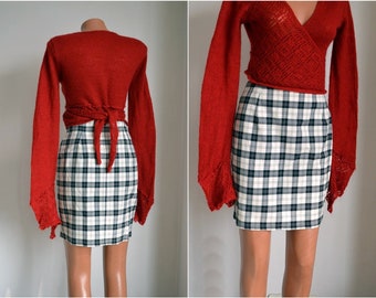 Classic French CHECK Skirt size M L 38 40 Black White Short Gingham High Waist Pencil Midi Skirt Women Mini Joupe