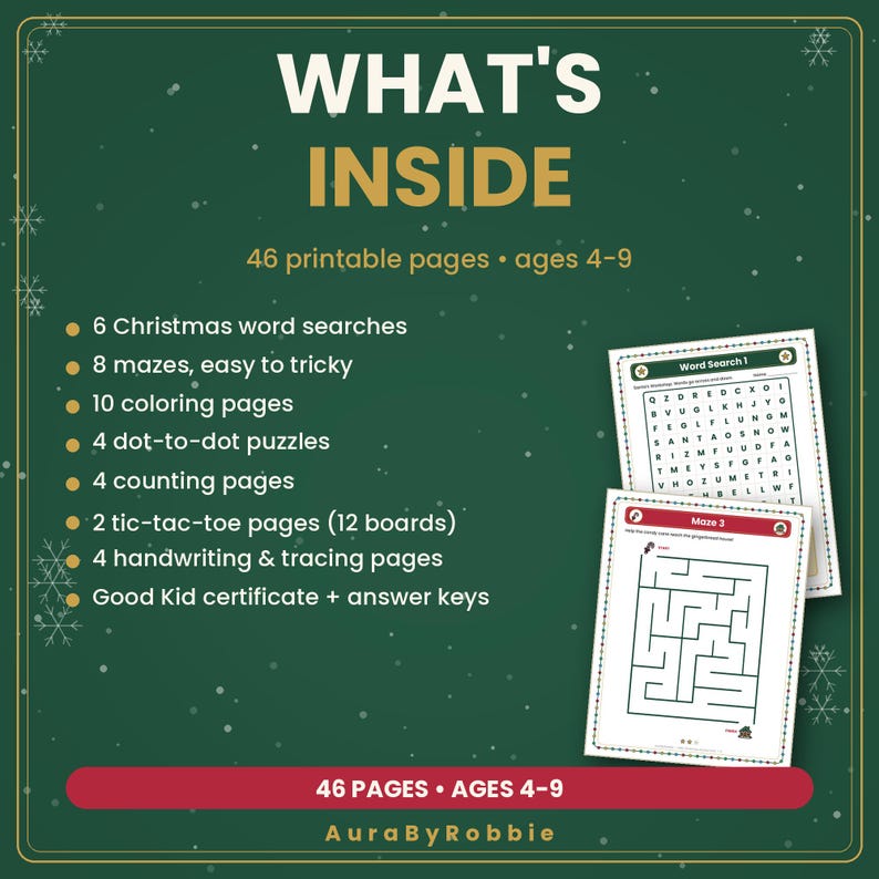 Kids Christmas Activity Pack Printable, 46 Pages of Mazes, Word Search & Coloring, Classroom Party Worksheets PDF image 5