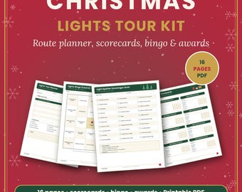 Kit stampabile per il tour delle luci di Natale, bingo per il tour in auto, schede segnapunti, caccia al tesoro, pianificatore di percorso, attività natalizie per famiglie in formato PDF