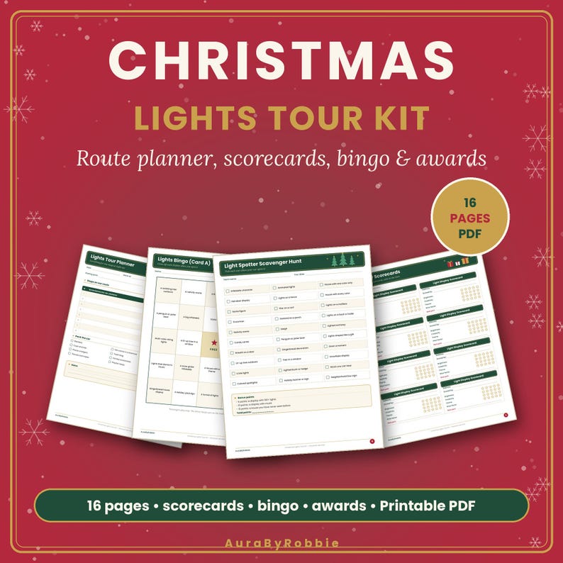 Christmas Lights Tour Printable Kit, Drive Tour Bingo, Scorecards, Scavenger Hunt, Route Planner, Family Christmas Activity PDF image 1