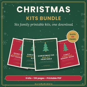 Pode incluir: Um pacote de kits de Natal com seis kits imprim&iacute;veis em PDF totalizando 130 p&aacute;ginas. O gr&aacute;fico exibe quatro capas vermelhas e verdes com ilustra&ccedil;&otilde;es de &aacute;rvores de Natal e texto incluindo Secret Santa, Movie Night, Christmas Eve Box e Memory Book.