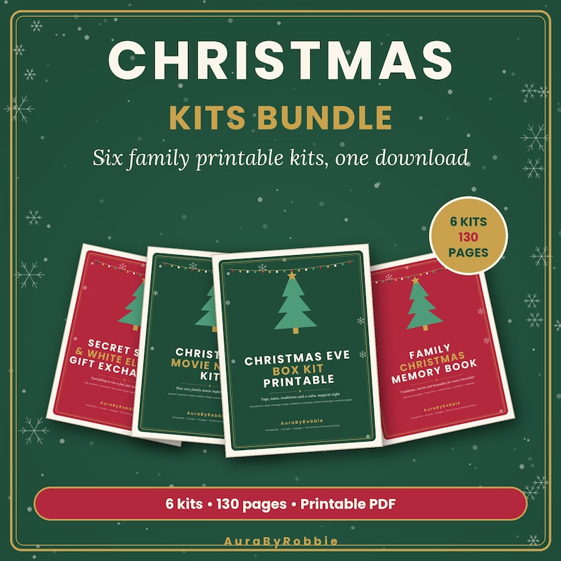 Pode incluir: Um pacote de kits de Natal com seis kits imprim&iacute;veis em PDF totalizando 130 p&aacute;ginas. O gr&aacute;fico exibe quatro capas vermelhas e verdes com ilustra&ccedil;&otilde;es de &aacute;rvores de Natal e texto incluindo Secret Santa, Movie Night, Christmas Eve Box e Memory Book.