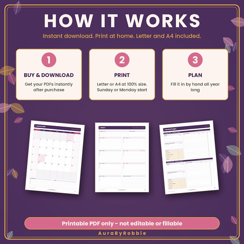 May include: A purple instructional graphic titled HOW IT WORKS with three steps: 1. BUY & DOWNLOAD, 2. PRINT, 3. PLAN. Below are three printable planner page examples including a calendar, weekly schedule, and monthly budget. Text states Printable PDF only.