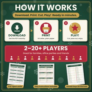 May include: A digital game instruction graphic on a dark green background with white snowflakes. It features three steps: Download, Print, and Play. It specifies 2-20+ players and displays three game sheets labeled Cut-apart cards, Easy instructions included, and Answer keys for the host.