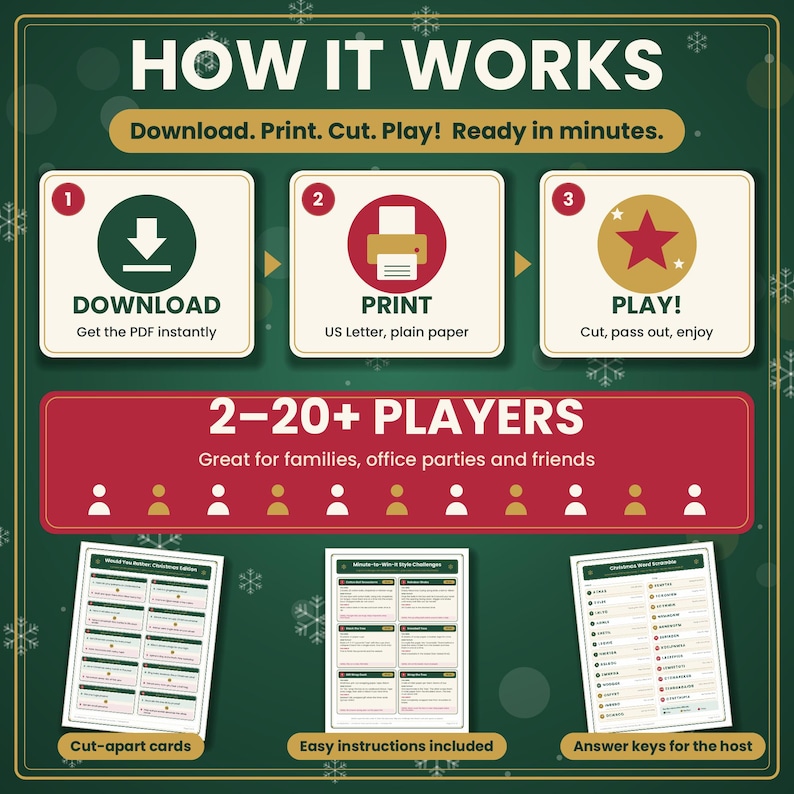 May include: A digital game instruction graphic on a dark green background with white snowflakes. It features three steps: Download, Print, and Play. It specifies 2-20+ players and displays three game sheets labeled Cut-apart cards, Easy instructions included, and Answer keys for the host.
