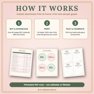 May include: A digital instructional graphic titled HOW IT WORKS with three steps: 1. BUY & DOWNLOAD, 2. PRINT, 3. PLAY & CELEBRATE. It displays three printable game sheets including Mr & Mrs paddles and thank you cards. Text states: Printable PDF only - not editable or fillable. AuraByRobbie.
