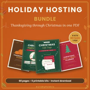 May include: A digital holiday hosting bundle featuring a Thanksgiving planner, Christmas party games, gift tags, and a meal planner. The orange background displays the text Holiday Hosting Bundle, Thanksgiving through Christmas in one PDF, 6 kits, 68 pages, 1 PDF.