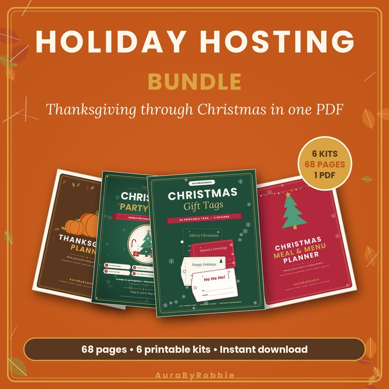 May include: A digital holiday hosting bundle featuring a Thanksgiving planner, Christmas party games, gift tags, and a meal planner. The orange background displays the text Holiday Hosting Bundle, Thanksgiving through Christmas in one PDF, 6 kits, 68 pages, 1 PDF.