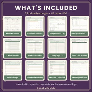 May include: A digital planner set featuring 73 printable US Letter PDF pages. The purple display shows twelve categories including a year at a glance, monthly calendars, wellness logs, habit trackers, water trackers, sleep logs, mood trackers, workout logs, meal plans, and reflections.
