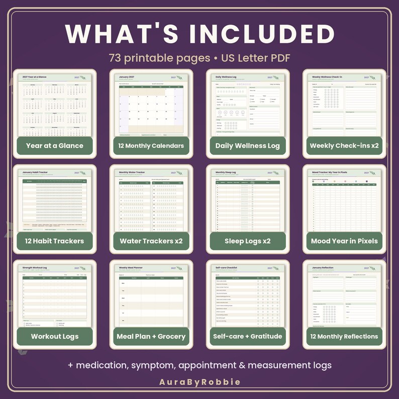 May include: A digital planner set featuring 73 printable US Letter PDF pages. The purple display shows twelve categories including a year at a glance, monthly calendars, wellness logs, habit trackers, water trackers, sleep logs, mood trackers, workout logs, meal plans, and reflections.