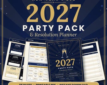 New Year's Eve 2027 Party Pack & Resolution Planner Printable | NYE Bingo, Trivia, Photo Booth Props, Goal Workbook, 2027 Calendar PDF