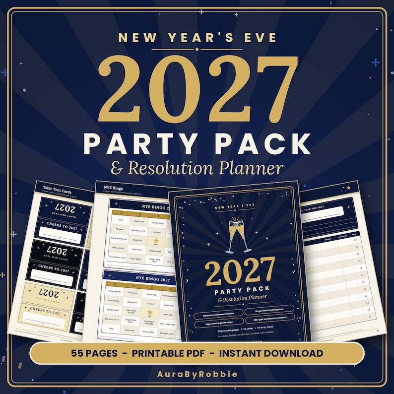 New Year's Eve 2027 Party Pack & Resolution Planner Printable | NYE Bingo, Trivia, Photo Booth Props, Goal Workbook, 2027 Calendar PDF image 1