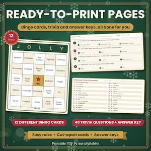 May include: A digital printable set featuring 12 unique JOLLY bingo cards, 40 Christmas trivia questions, and an answer key. The design includes a dark green background with white snowflakes, cream-colored game cards, and black text.