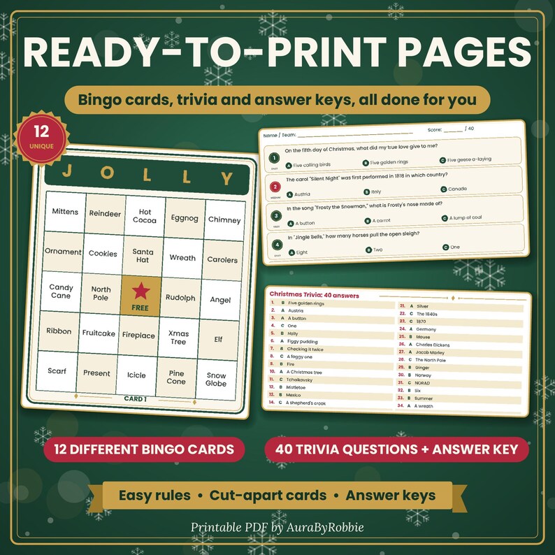 May include: A digital printable set featuring 12 unique JOLLY bingo cards, 40 Christmas trivia questions, and an answer key. The design includes a dark green background with white snowflakes, cream-colored game cards, and black text.