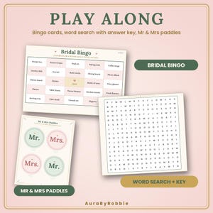 May include: A bridal shower game set featuring a Bridal Bingo card, a word search puzzle with an answer key, and Mr. & Mrs. paddles. The cards are printed on cream paper with dark green text and soft pink accents. The text includes PLAY ALONG.