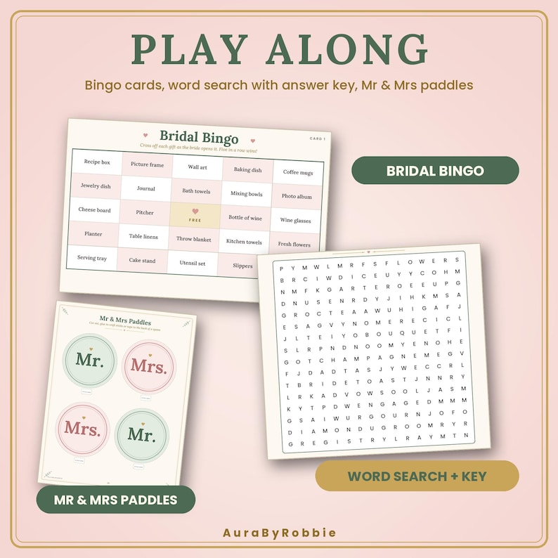 May include: A bridal shower game set featuring a Bridal Bingo card, a word search puzzle with an answer key, and Mr. & Mrs. paddles. The cards are printed on cream paper with dark green text and soft pink accents. The text includes PLAY ALONG.