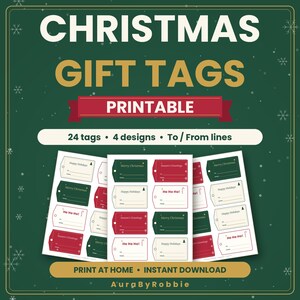Christmas Gift Tags Printable, 24 Holiday Gift Tags with To and From Lines, 4 Designs, PDF Instant Download image 1