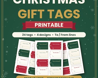 Peut inclure: Un ensemble d'étiquettes cadeaux de Noël imprimables comprenant 24 étiquettes en 4 modèles avec des lignes Pour et De. Les étiquettes sont présentées en rouge, vert et crème avec des textes comme Merry Christmas, Season's Greetings et Ho Ho Ho.