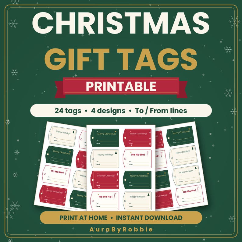 Christmas Gift Tags Printable, 24 Holiday Gift Tags with To and From Lines, 4 Designs, PDF Instant Download image 1