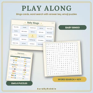 May include: A set of printable baby shower games including a Baby Bingo card, a word search puzzle with an answer key, and emoji puzzles. The text reads PLAY ALONG, BABY BINGO, EMOJI PUZZLES, WORD SEARCH + KEY, and AuraByRobbie.