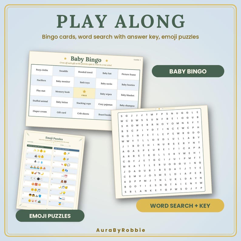 May include: A set of printable baby shower games including a Baby Bingo card, a word search puzzle with an answer key, and emoji puzzles. The text reads PLAY ALONG, BABY BINGO, EMOJI PUZZLES, WORD SEARCH + KEY, and AuraByRobbie.